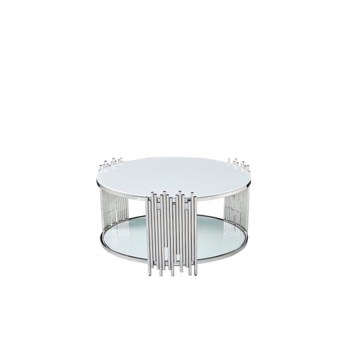 Table Basse Ronde Stick Chrome Et Plateau En Verre Blanc D90 H45 Cm