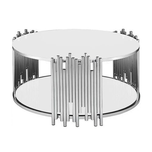 Table Basse Ronde Stick Chrome Et Plateau En Verre Blanc D90 H45 Cm