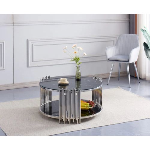 Table Basse Ronde Stick Chrome Et Plateau En Verre Noir D90 H45 Cm