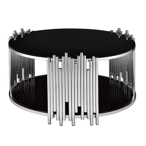 Table Basse Ronde Stick Chrome Et Plateau En Verre Noir D90 H45 Cm