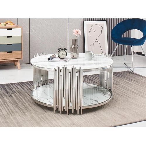 Table Basse Ronde Stick Chrome Et Plateau En Verre Marbre Blanc D90 H45 Cm
