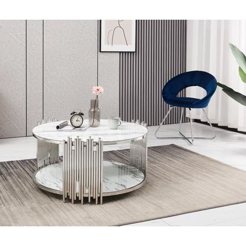 Table Basse Ronde Stick Chrome Et Plateau En Verre Marbre Blanc D90 H45 Cm