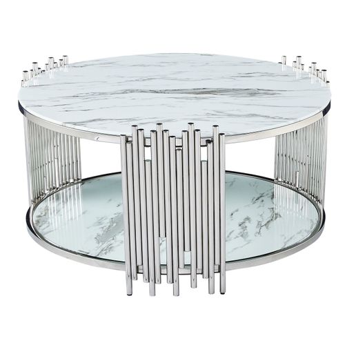 Table Basse Ronde Stick Chrome Et Plateau En Verre Marbre Blanc D90 H45 Cm