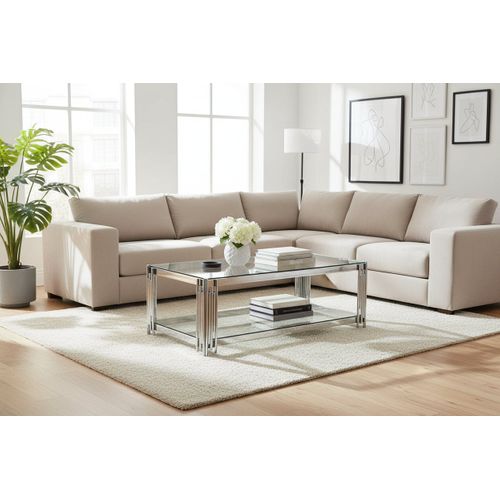 Table Basse Flute Chrome Et Plateau En Verre 120x60x45 Cm - Transparent