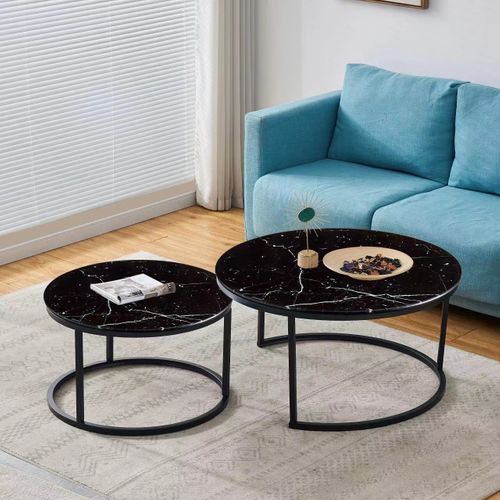 Lot 2 Tables Basses Gigognes Arto Rondes Plateau Verre Trempé Marbré Noir Métal Noir D80/d60