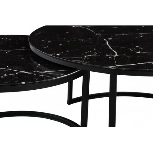 Lot 2 Tables Basses Gigognes Arto Rondes Plateau Verre Trempé Marbré Noir Métal Noir D80/d60