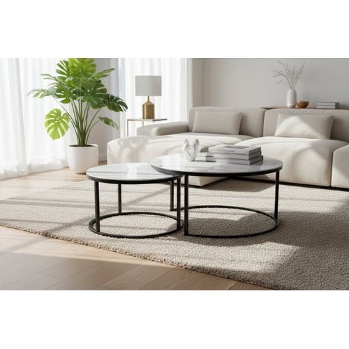 Lot 2 Tables Basses Gigognes Arto Rondes Plateau Verre Trempé Blanc Métal Noir D80/d60