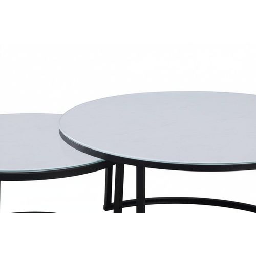 Lot 2 Tables Basses Gigognes Arto Rondes Plateau Verre Trempé Blanc Métal Noir D80/d60