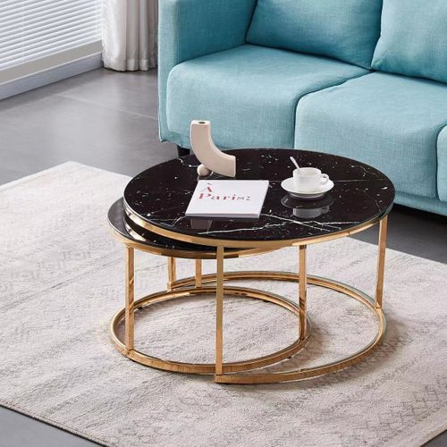 Lot De 2 Tables Basses Gigogne Arto Gold Et Plateau En Verre Marbré Noir