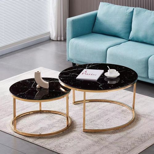 Lot De 2 Tables Basses Gigogne Arto Gold Et Plateau En Verre Marbré Noir