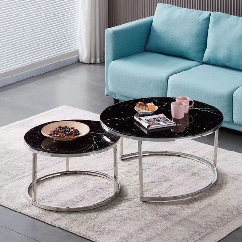 Lot De 2 Tables Basses Gigogne Arto Inox Et Plateau En Verre Marbre Noir