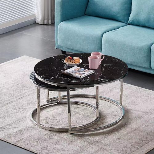 Lot De 2 Tables Basses Gigogne Arto Inox Et Plateau En Verre Marbre Noir