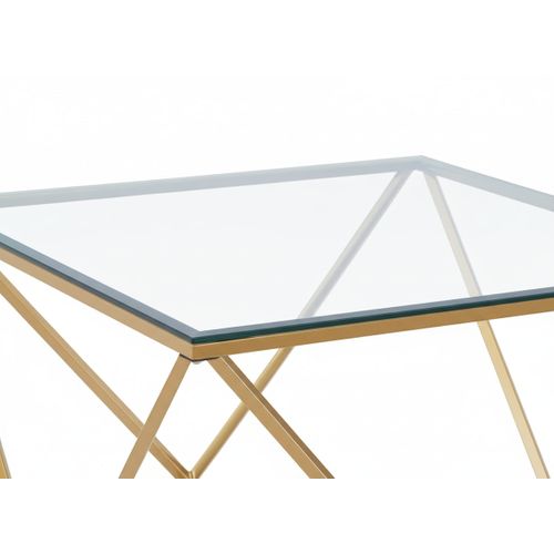 Table Basse Alina Carrée Plateau Verre Trempé Transparent Pieds Gold 80x80x45cm