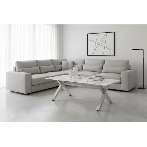 Table Basse Ixe Chrome et Verre Transparent 120x60x45 Cm - Marbré Blanc