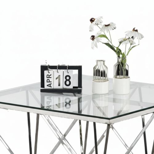 Table Basse Carrée Gize Plateau Verre Trempé Transparent Pieds Chrome 80x80x45cm