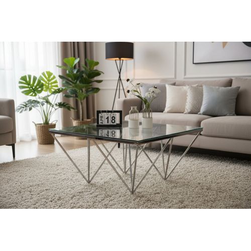 Table Basse Carrée Gize Plateau Verre Trempé Transparent Pieds Chrome 80x80x45cm