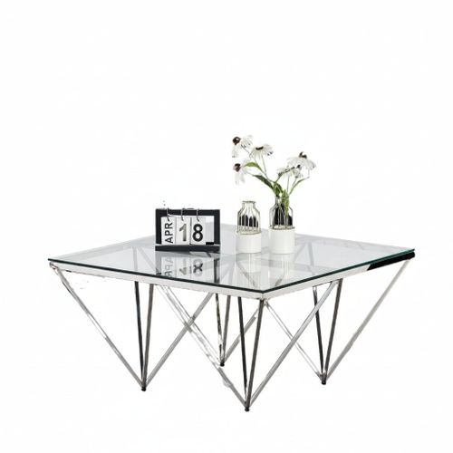 Table Basse Carrée Gize Plateau Verre Trempé Transparent Pieds Chrome 80x80x45cm