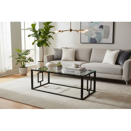 Table Basse Sophie Pieds Métal Noir Plateau Verre Trempé Transparent 120x60x45cm