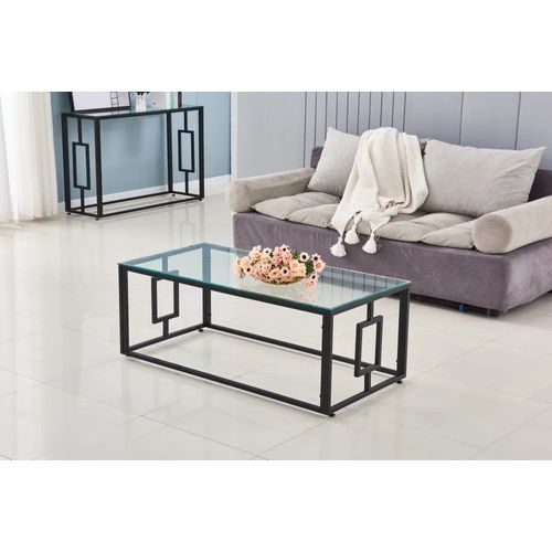 Table Basse Sophie Pieds Métal Noir Plateau Verre Trempé Transparent 120x60x45cm