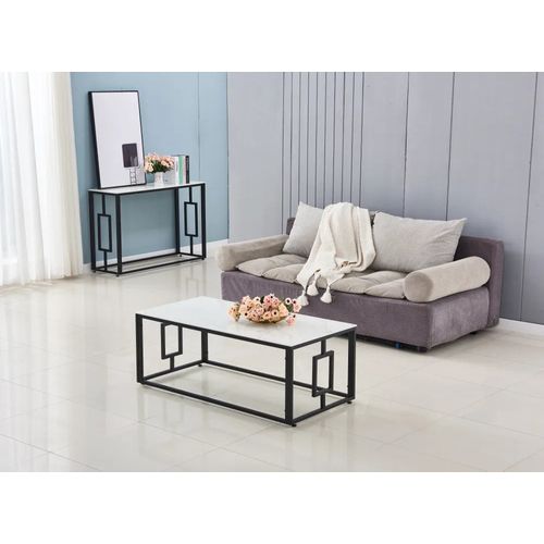 Table Basse Sophie Pieds Métal Noir Plateau Verre Trempé Marbré Blanc 120x60x45cm