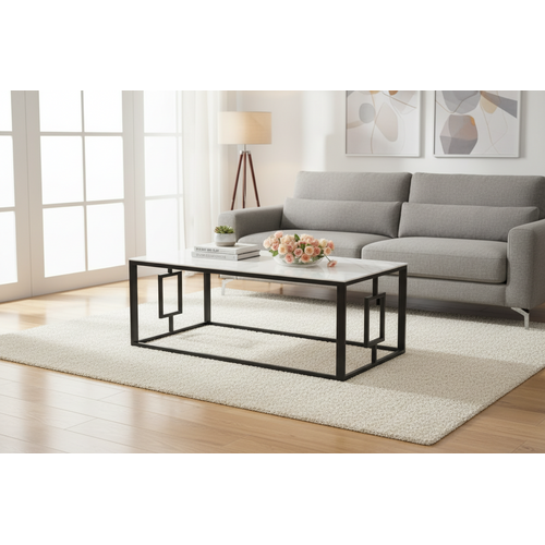 Table Basse Sophie Pieds Métal Noir Plateau Verre Trempé Marbré Blanc 120x60x45cm