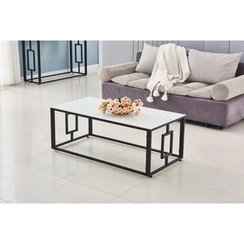 Table Basse Sophie Pieds Métal Noir Plateau Verre Trempé Marbré Blanc 120x60x45cm