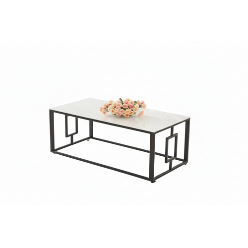 Table Basse Sophie Pieds Métal Noir Plateau Verre Trempé Marbré Blanc 120x60x45cm