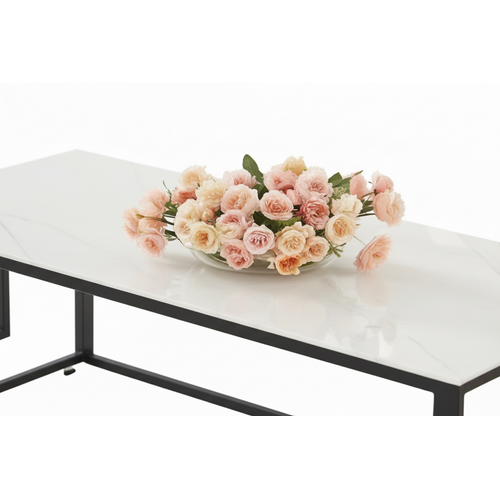 Table Basse Sophie Pieds Métal Noir Plateau Verre Trempé Marbré Blanc 120x60x45cm