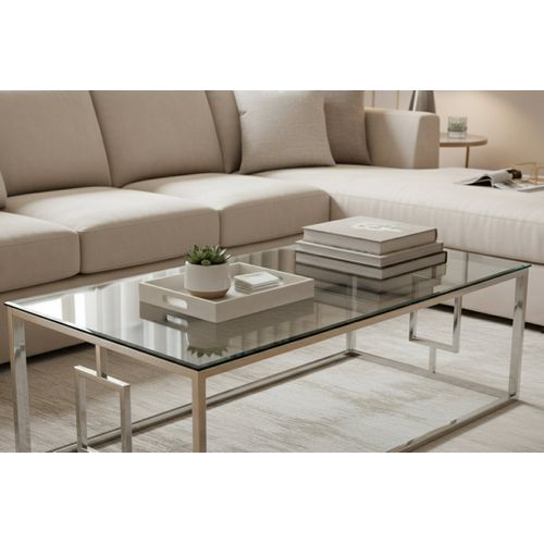 Table Basse Sophie  Pieds Chromé  Plateau Transparent 120 Cm