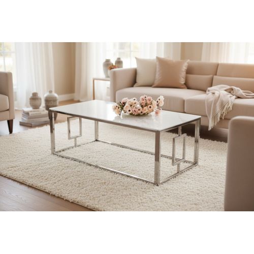 Table Basse Sophie  Pieds Chromé Plateau En Marbré Blanc  120 Cm