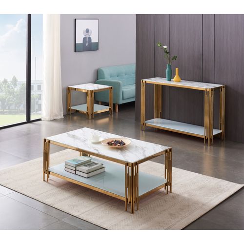 Console Flute Gold Plateau Marbre Blanc 120x40x78 Cm
