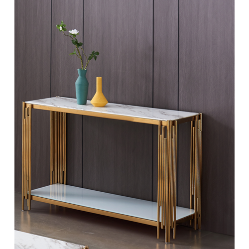 Console Flute Gold Plateau Marbre Blanc 120x40x78 Cm