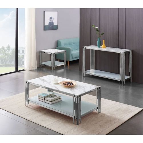 Console Flute Chrome Plateau Verre Marbre Blanc 120x40x78 Cm