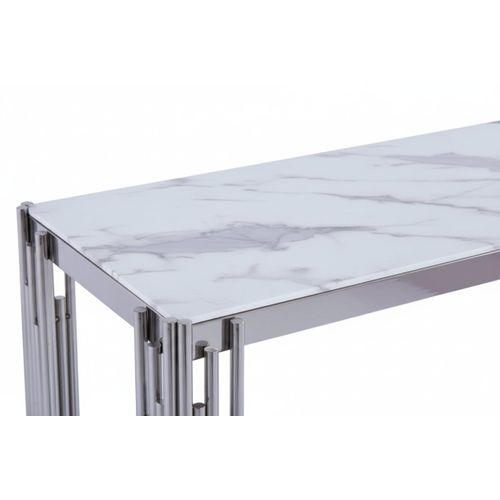 Console Flute Chrome Plateau Verre Marbre Blanc 120x40x78 Cm