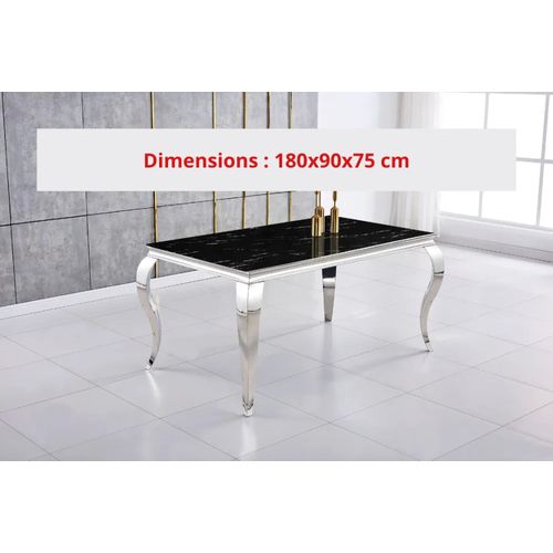 Table à Manger Baroque 6 à 8 Couverts Pieds Chrome Plateau En Verre 180x90 Cm Effet Marbré Noir