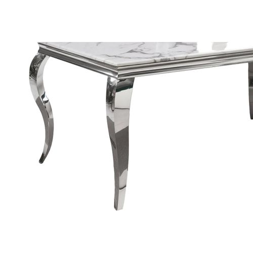 Table à Manger Baroque 6 à 8 Couverts Pieds Chrome Plateau En Verre 180x90 Cm Effet Marbré Blanc