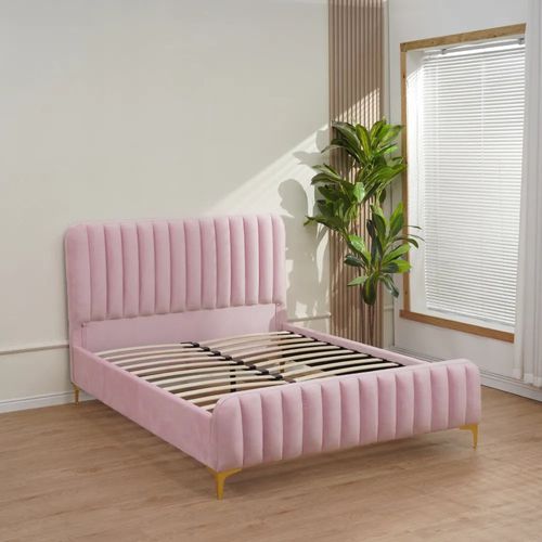 Lit 2 Places  Faye Design Velours Rose Sommier Inclus 140x190 Cm
