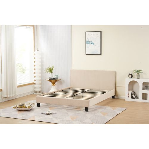 Lit 2 Places  Melbourne Velours Beige 160x200 Cm Avec Sommier Intégré