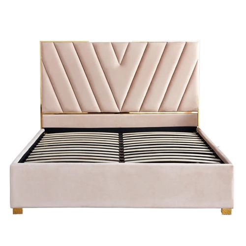 Lit Adulte Vera 140x190 Cm En Velours Beige Avec Sommier Intégré