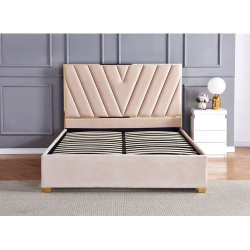 Lit Adulte Vera 140x190 Cm En Velours Beige Avec Sommier Intégré