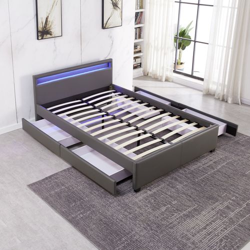 Lit 2 Places 140x190 Cm Tiroirs Et LED Sommier Inclus Gris