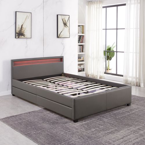 Lit 2 Places 140x190 Cm Tiroirs Et LED Sommier Inclus Gris