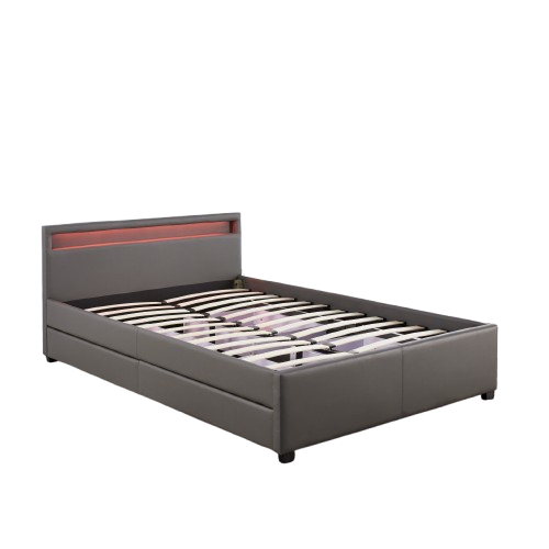 Lit 2 Places 140x190 Cm Tiroirs Et LED Sommier Inclus Gris