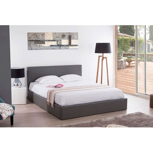 Lit Coffre 2 Places  Bastien Simili Cuir Gris 140x190 Cm Sommier Inclus