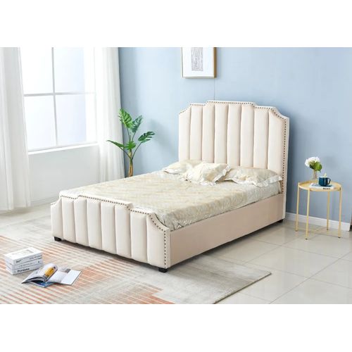 Lit Adulte Pepper  2 Places 160x200 Cm Velours Beige Clouté Sommier Inclus