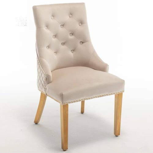 Lot De 2 Chaises Anneau Mattelassée Et Cloutée Gold Velours - Beige