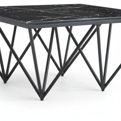 Table Basse Carré Gize Pied Métal Noir Et Plateau En Verre 80x80 Cm - Marbré Noir
