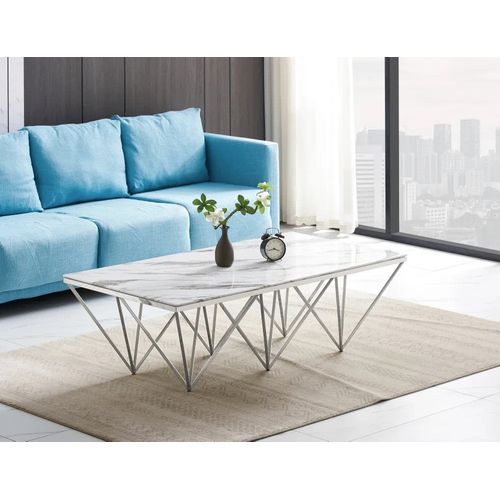 Table Basse Gize Rectangle Chrome Et Plateau En Verre 130x70x42 Cm - Marbré Blanc