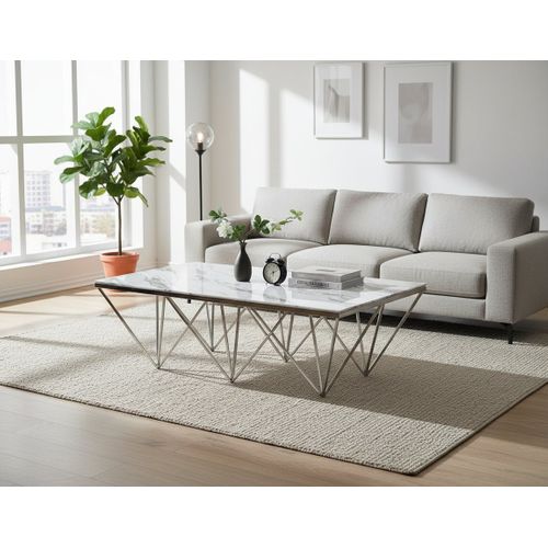 Table Basse Gize Rectangle Chrome Et Plateau En Verre 130x70x42 Cm - Marbré Blanc