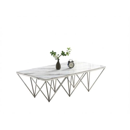 Table Basse Gize Rectangle Chrome Et Plateau En Verre 130x70x42 Cm - Marbré Blanc